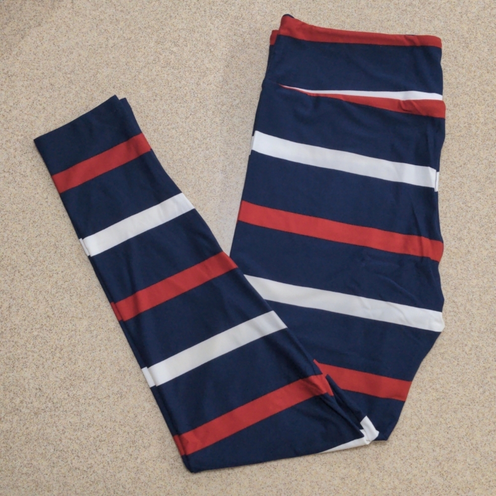 NWT LuLaRoe Navy, Dark Red and White Striped Leggings TC (10-22)